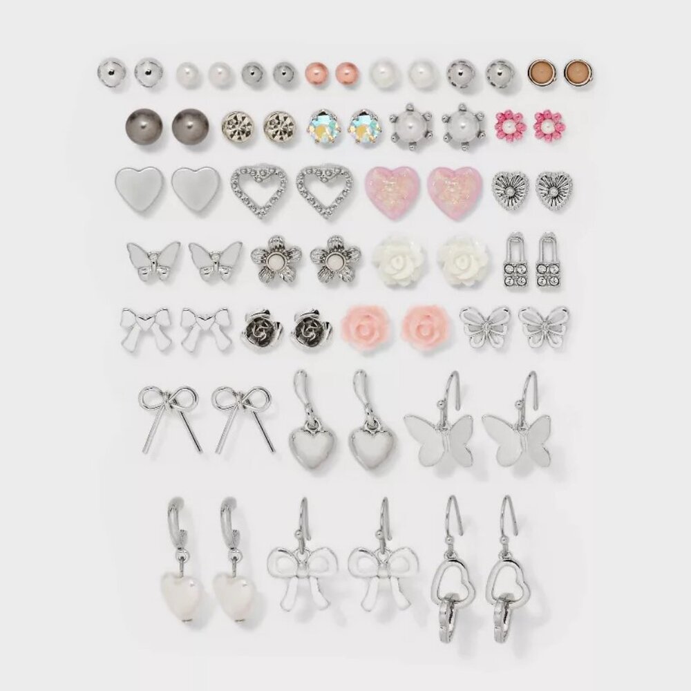 NWD! Wild Fable Hearts Flowers and Butterflies Earring Set 30pc Pink/Silver